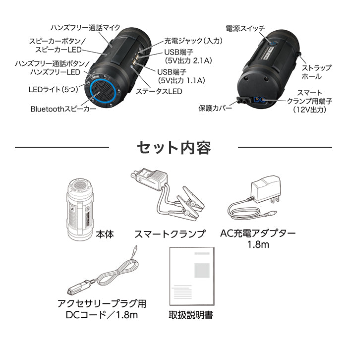セルスター ジャンプスターター LJP-9600 9600mAh バッテリー上がり ジャンプスタート ガソリン車 ディーゼル車 12V USB シガーソケット 充電 LEDライト Bluetoothスピーカー Bluetooth リチウムイオン電池 防災 非常用 カー用品 車 自動車 T-M