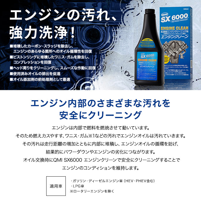 ソヴリン Sovereign QMI SX6000 エンジンクリーン エンジン添加剤 340ml SX-EC340 エンジンフラッシング剤 自動車ガソリンエンジン ディーゼルエンジン兼用 エンジンオイル ガソリン車 ディーゼルエンジン車 HEV PHEV LPG車 自動車 車 エンジン カー用品 洗剤